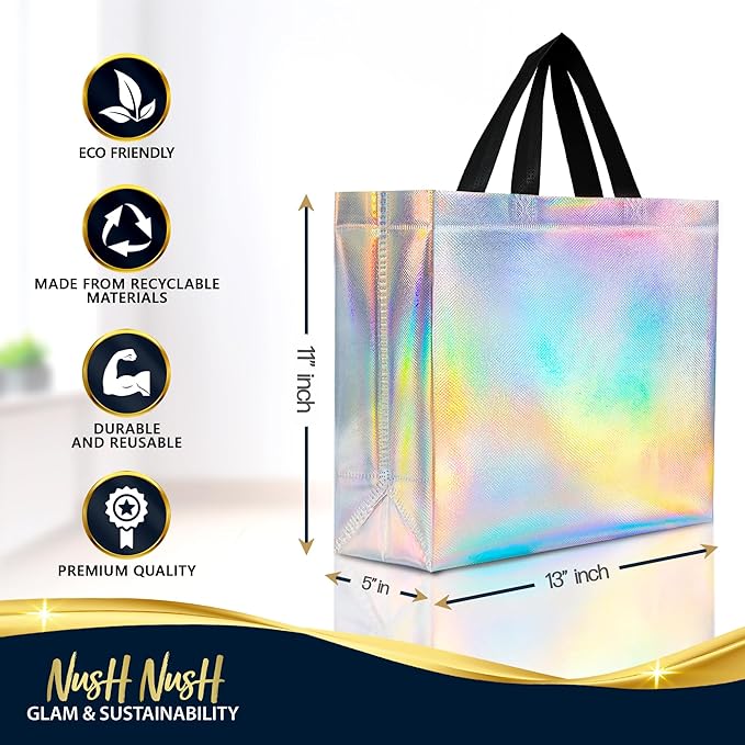 Nush Nush Large Iridescent Gift Bags Bulk - Set of 30 Holographic Reusable Gift Bags with Handles - Goodie Bags for Birthday Parties, Wedding, Small Business, Corporate Events - 13" W x 5" D x 11" H