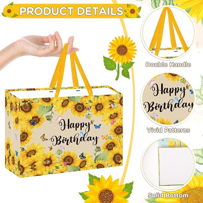 Sunflower Birthday Gift Bag for Girls Women Yellow Sunflower Paper Bag with Tissue Paper and Card Sun flower Birthday Wrapping Paper Bag for Bday Christmas Wedding Baby Bridal Shower Decorations
