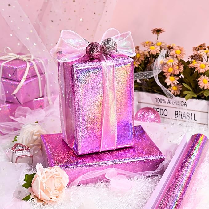 Burymento Pink Wrapping Paper Roll, Metallic Holographic Point Gift Wrap for Birthday, Valentines, Mothers day, Graduation, Wedding, Fathers day, Baby Shower, Christmas (17 IN x 32.8 FT)