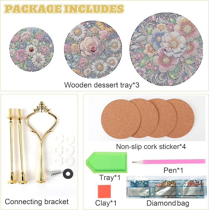 DoxQcs 3 Tier Wooden Diamond Art Painting Cake Cupcake Display Stand Round Cupcake Stand Dessert Tower Pastry Tray Platter for Tea Party Wedding Birthday-Flowers-2