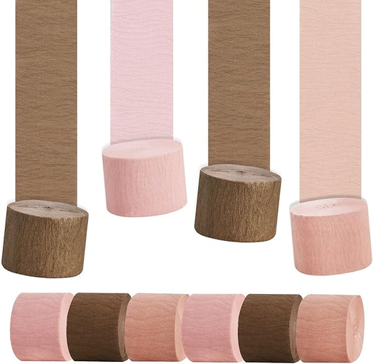 BEISHIDA 6 Rolls Rose Gold Pink Crepe Paper Streamers for Bachelorette Bridal Shower Girl Baby Shower Party Decorations Wedding Birthday DIY Craft Paper(1.8 Inch x 82 Ft/Roll)