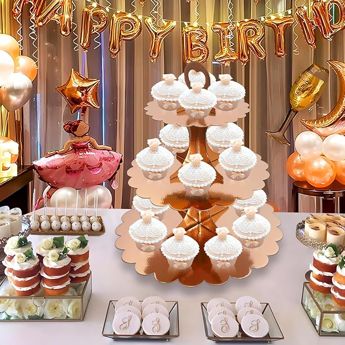 2 Pack 3 Tier Rose Gold Cupcake Stand for 24 Cupcakes, Cardboard Cake Tower for Parties and Celebrations