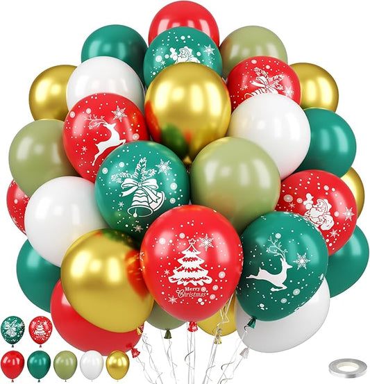 Christmas Balloons, Red Green Gold Balloons with Tree Elk Santa Claus Print Balloon, Retro Green Gold Red and White Xmas Party Balloon for Christmas Birthday New Year Winter Holiday Party Decorations