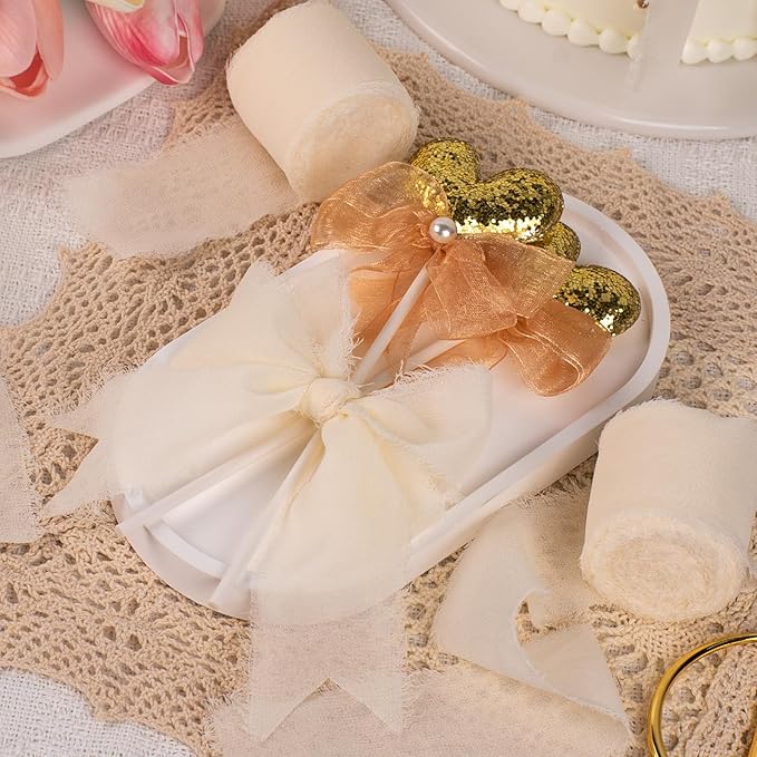 Chiffon Ribbon, Ivory Silk Ribbons, Cream Beige Party Supply, 1.5''x21Yd Handmade Frayed Fringe Ribbon for Wrapping, Floral Vase Decor, for Crafts, Birthday, Wedding, Engagement, 3 Rolls