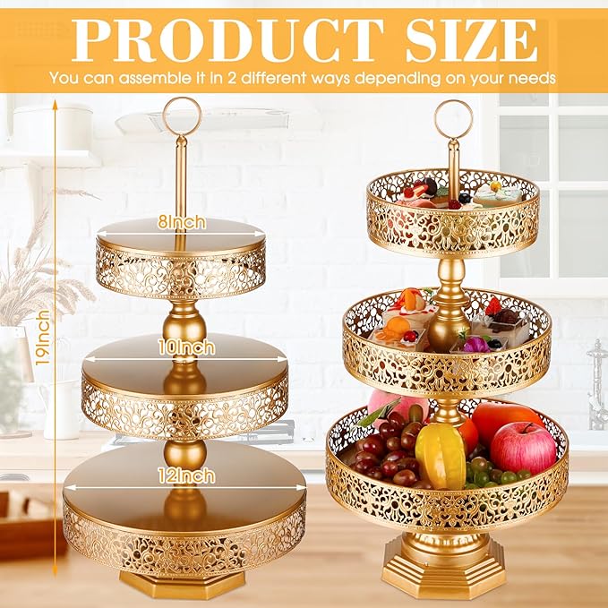 Dandat 2 Pcs Cupcake 3 Tiered Metal Dessert Stand Round Cupcake Tower Cake Holder Stand Tiered Serving Tray for Wedding Baby Shower Birthday Tea Party Table Decor(Gold)