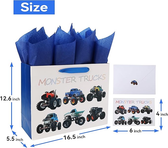 16.5” Extra Large Truck-themed Gift Bags Set with Greeting Card and Tissue Paper (Monster Trucks Design) for boys, Kids Birthday Party,Baby boy,Baby Shower,Newborn,New Moms or Parents