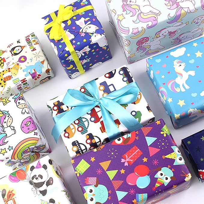SIWRIOM Gift Wrapping Paper 10 Pack - Large 28 x 20 Inch Gift Wrap Sheets Happy Birthday Cartoon Pattern Designs for All Festive Present Decorations