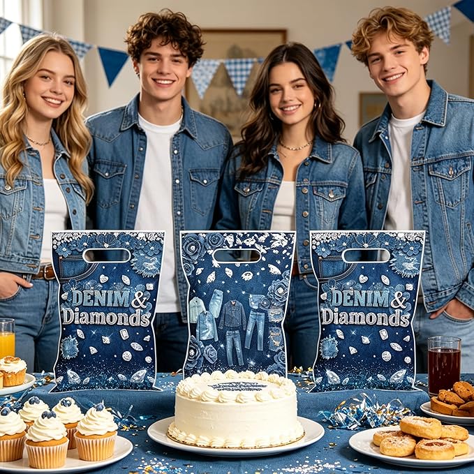 MOIZYNG 50Pcs Denim and Diamonds Gift Bags with Handles, Blue Jacket Jeans Plastic Candy Treat Goodie Bags for Bridal Shower Bachelorette Wedding Birthday Party Favors Supplies