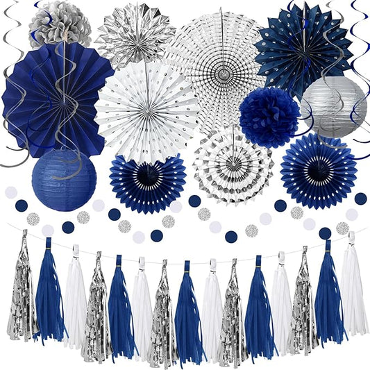 MEIDUO 34 Pcs Blue and Silver Party Decorations, Hanging Paper Lanterns Fans Pom Poms Set, Blue Streamers, 2026 Graduation Party Decorations Supplies, Birthday Decorations for Men Boys