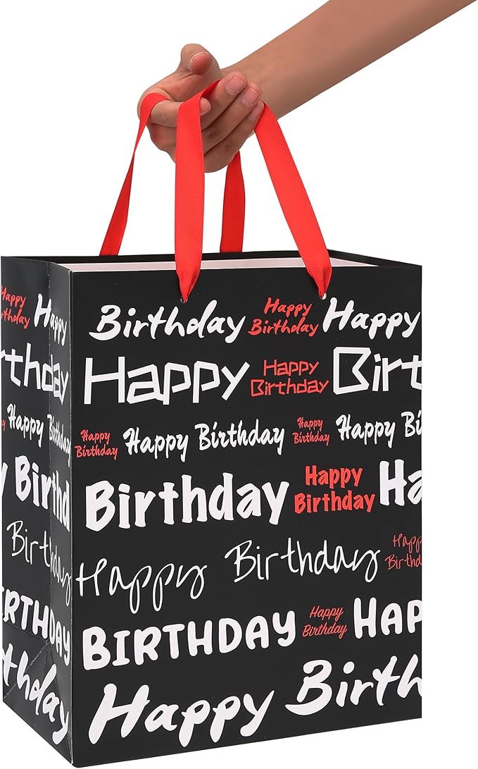 wishinside 13" Large Black Gift Bag Set with Greeting Card and Tissue Papers (White & Red Happy Birthday) for Men's or Women's, Boys, Girls or Kids Party, Baby