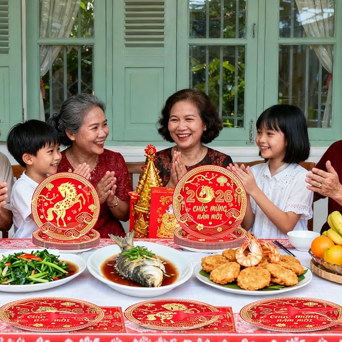96Pcs Vietnamese New Year Party Decorations Vietnamese Horse Themed New Year Plates and Napkins 2026 Red Gold Horse Tableware Dinnerware Party Supplies for Spring Festival Lunar Decor Serves 24 Guests