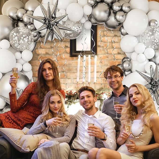 White Silver Balloons Arch Garland Kit-127Pcs Silver Explosion Star Foil Balloon Silver Confetti Balloon for Graduation,Birthday,Baby Shower,Christmas,Fiesta Party Decoration.