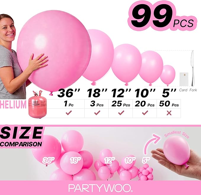 PartyWoo Pink Balloons 99pcs Different Sizes of 36 18 12 10 5 Inch Matte Pink Balloon Arch Kit for Baby Shower Gender Reveal Princess Bachelorette Engagement Birthday Party Decorations Pink-Y11