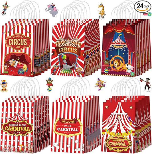 Kolldenn 24 Pcs Mardi Gras Circus Party Favors Bags Circus Gift Goodie Paper Bags with Handles Red and White Stripe Carnival Treat Candy Pouch for Mardi Gras Carnival Party Decorations Supplies