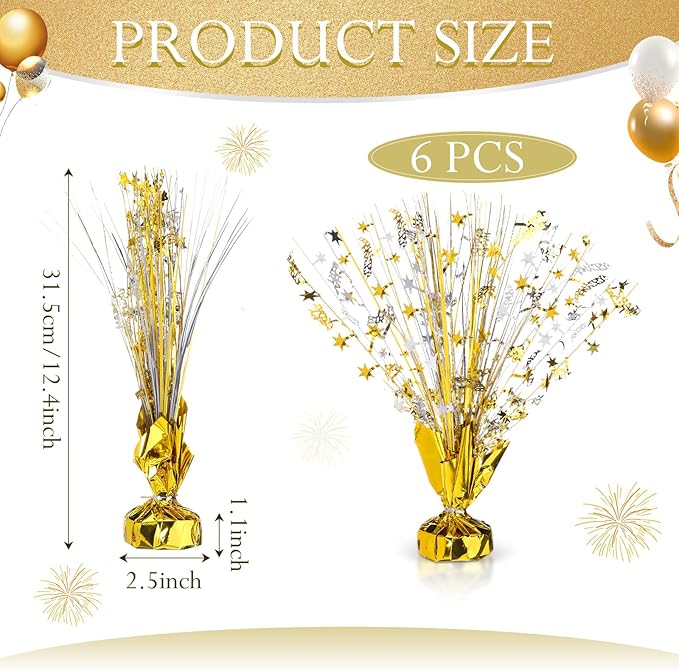 Canlierr 6 Pcs Metallic Foil Spray Centerpiece Party Happy Birthday Gold and Silver Small Star Table Decorations Burst Centerpieces with Emerald Willow Suitable for Birthday Party Season Holiday
