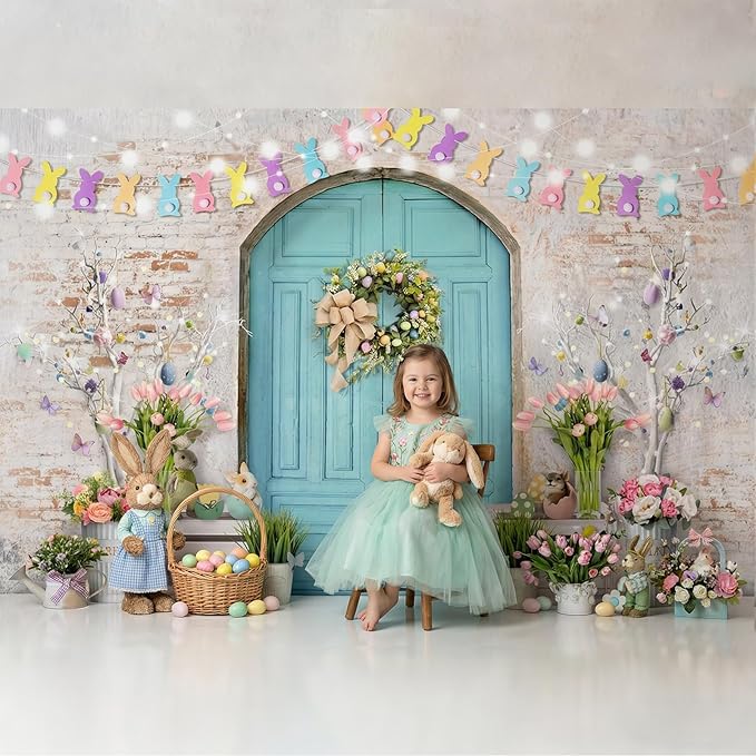 Mocsicka Easter Backdrop Blue Wooden Door with Brick Wall Bunny Rabbit Spring Photography Background Easter Day Party Decorations Photo Studio Props