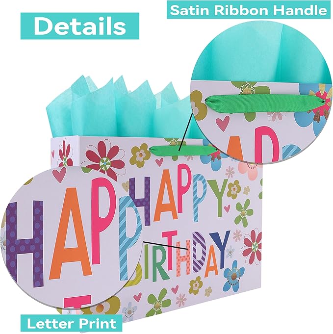 Qirrmiy 16.5” Extra Large Colorful Happy Birthday Gift Bag Set with Handles, Greeting Card, Tissue Papers and Stickers for Kids, Women, Girls, Newborn, New Moms or Parents, 1 Pcs