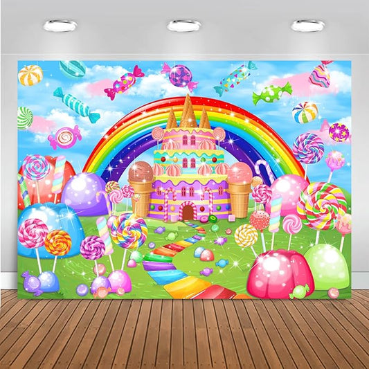 Mocsicka Sweet Candyland Backdrop Lollipop Sweetest Candy Theme Birthday Party Decoration for Girl Candy Ice Cream Castle Rainbow Party Banner Sweetest Day Wall Decorations(72''x48'')