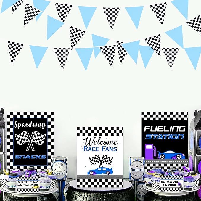 32Ft Racing Party Decorations Blue Black White Checkered Racing Car Fabric Banner Triangle Flag Pennant Garland Streamers for Boys Car Birthday Party Supplies Baby Shower NASCAR Picnic Outdoor Decor