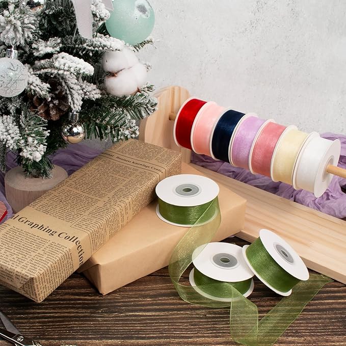 Sage Green Organza Ribbon - 1 Inch x 75 Yds, Light Green, Clear, Chiffon, Tulle for Gift Wrapping, Christmas, Wedding, Invitations, Wreaths, Bows, Crafts