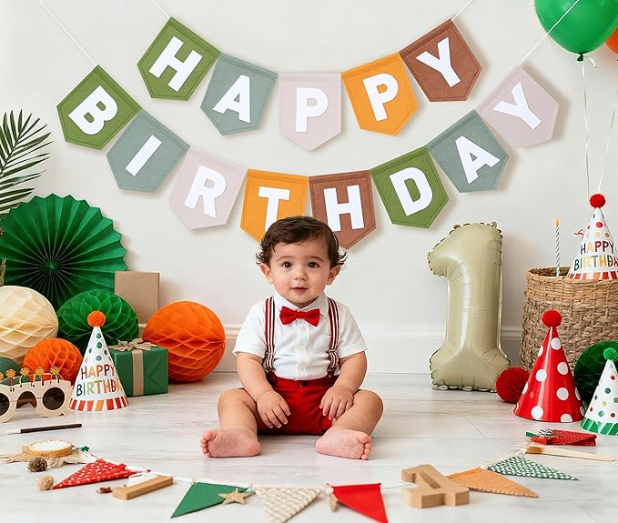 Felt Green Happy Birthday Banner Birthday Decorations for Women Girls Boys Men Pets Handmade Party Backdrop