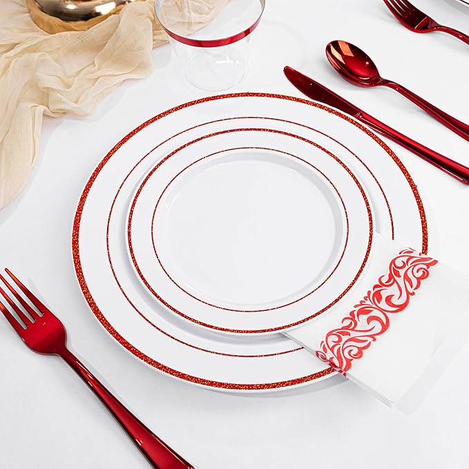 WELLIFE 700 Pcs Red Plastic Plates for 100 Guests - Plastic Dinnerware Set,Party Supplies Includes 200 Red Disposable Plates,300 Silverware,100 Napkins,100 Cups,Valentines Plates