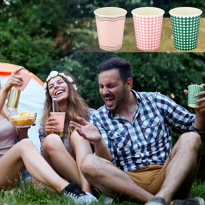 Yungyan 48 Pcs Camp Gingham Disposable Paper Cups Camp Bachelorette Party Supplies 9 oz Pink and Green Plaid Checkered Drinking Cups Picnic Travel Party Favors for Holiday Birthday Bridal Shower
