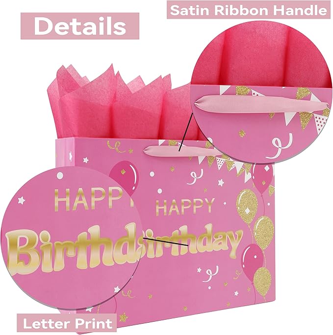 Qirrmiy 16.5" Extra Large Pink Happy Birthday Gift Bag Set with Handles, Greeting Card, Tissue Papers and Stickers for Women Girls, Balloons Design, 1 Pcs