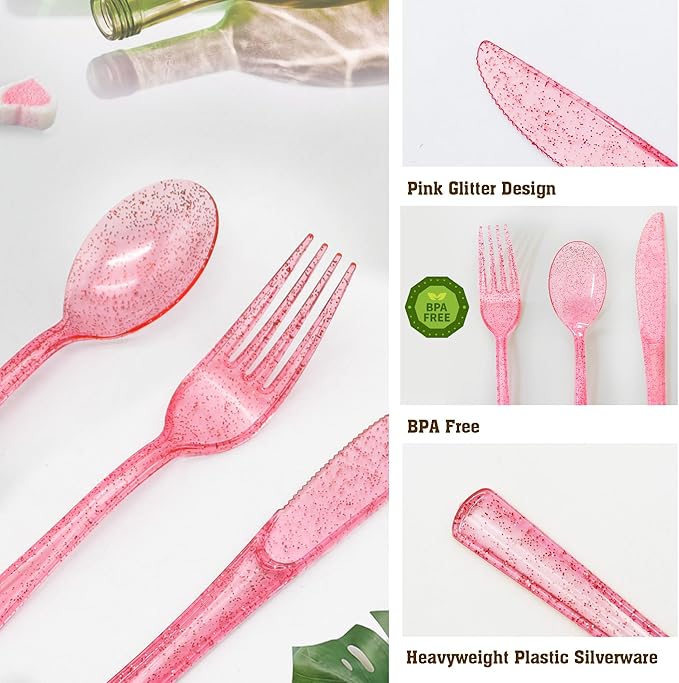 150 Pcs Pink Silverware Set Heavy Duty Pink Plastic Silverware - 50 Forks, 50 Knives, 50 Spoons for Brithday, Valentine's Day, Wedding, Baby Shower, Bridal Shower