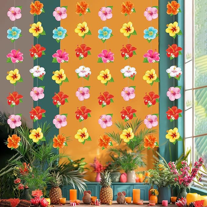 Daifunli 8 Pcs Hawaiian Luau Party Decorations Hibiscus Flower Hanging Garlands Banner Tropical Hawaiian Paper Cutouts Streamer for Wall Ceiling Summer Aloha Beach Pool Havana Nights Party Supplies