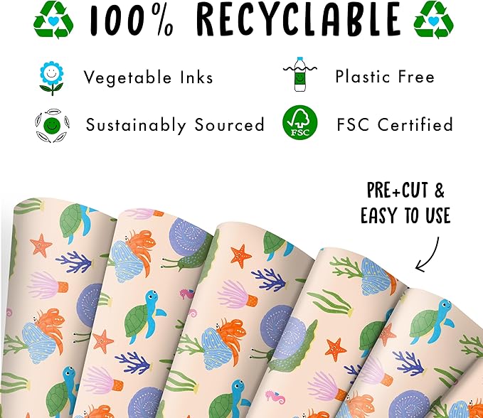 CENTRAL 23 Ocean Theme Wrapping Paper - 6 Sheets Gift Wrap for Kids or Friends - Birthday Christmas Christening - Sea Life Cute Turtles Crabs Snails Coral - Comes with Tags