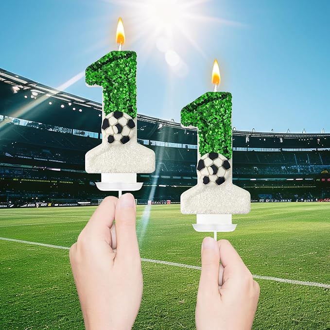 Soccer Birthday Candles Cake Topper for Girl and Boy, Wedding Cakes, Anniversaries, Party Celebrations, Birthday Decorations (Green White, 11)