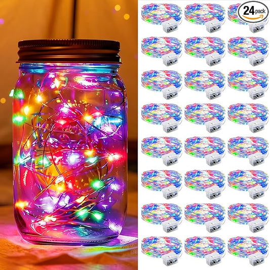 24 Pack Fairy Lights 7Ft 20 LED Twinkle String Lights 3 Modes Battery Operated Waterproof Firefly Starry for Mason Jar Party Wedding Christmas Valentines Day Table Centerpieces,Multicolor