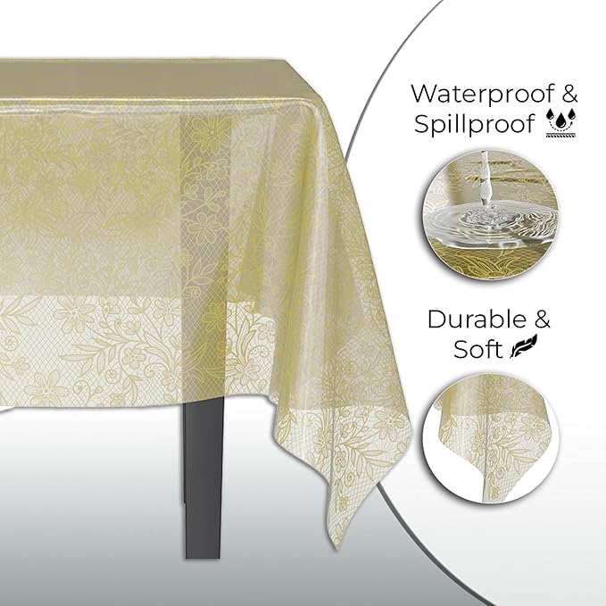 Exquisite Lace Table Cloth Rectangle Table Plastic 6-Pack Lace Tablecloth Rectangular 54" X 108" | Clear & Gold Floral Tablecloth Disposable | Wild Flower Party Decorations & Party Supplies