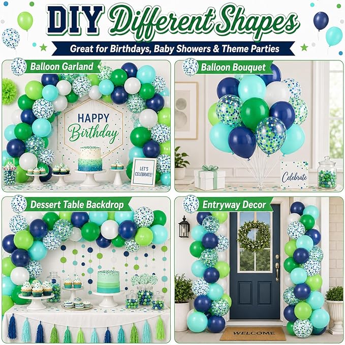 Blue and Green Balloons 60PCS Green and Blue Balloon Set, 12 Inch White Metallic Confetti Latex Balloon for Jungle Dinosaur Kids Boys Birthday Baby Shower Wedding Graduation Party Decor
