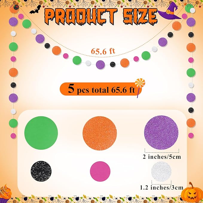 Outus 5 Pieces Orange,Black,Purple,Green,White Round Dots Garland Graduation Party Hanging Decor Each Length 13.1ft Glitter Paper Dot Streamers for Birthday Wedding Classroom Supplies