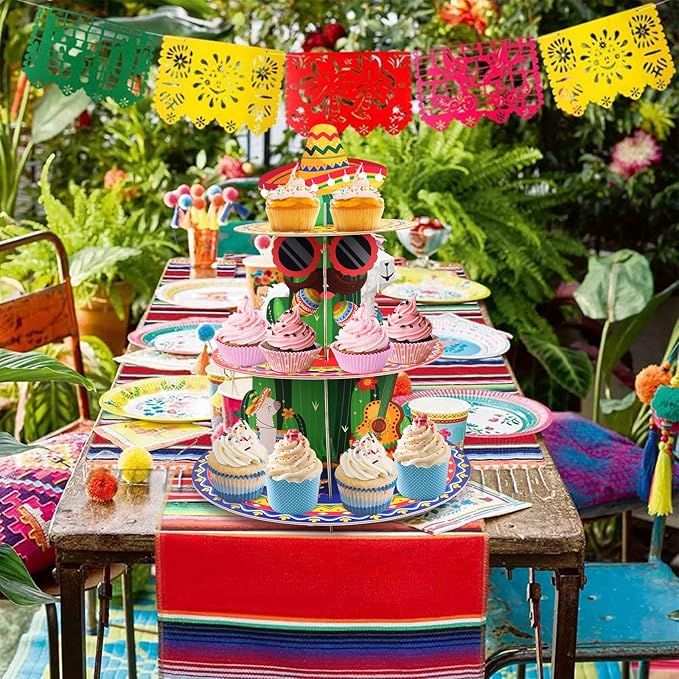 Fiesta Party Decorations 3 Tier Mexican Cupcake Stand Cinco De Mayo Cupcake Stand Taco Birthday Party Supplies Fiesta Cactus Dessert Holder Display for Baby Shower Decorations