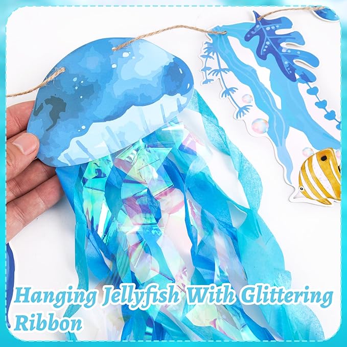 SUNBEAUTY Starfish Seashell Banner Under The Sea Party Decoration Jellyfish Hanging Garland 9.8ft Blue Bubble Garlands for Ocean Beach Theme Birthday Decor Mermaid Summer Party Decor