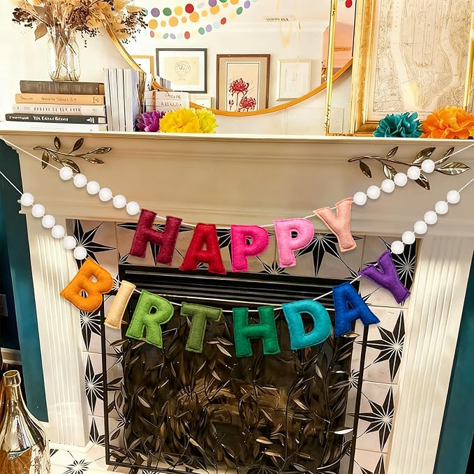 2Pcs Upgraded Pre-Strung Ultra-Soft Wool Felt Happy Birthday Banner Sign, Felt Ball Garland, Rainbow Theme Party Decorations, Reusable Colorful Birthday Garland for Party Decor, Room Decor, Photo Prop