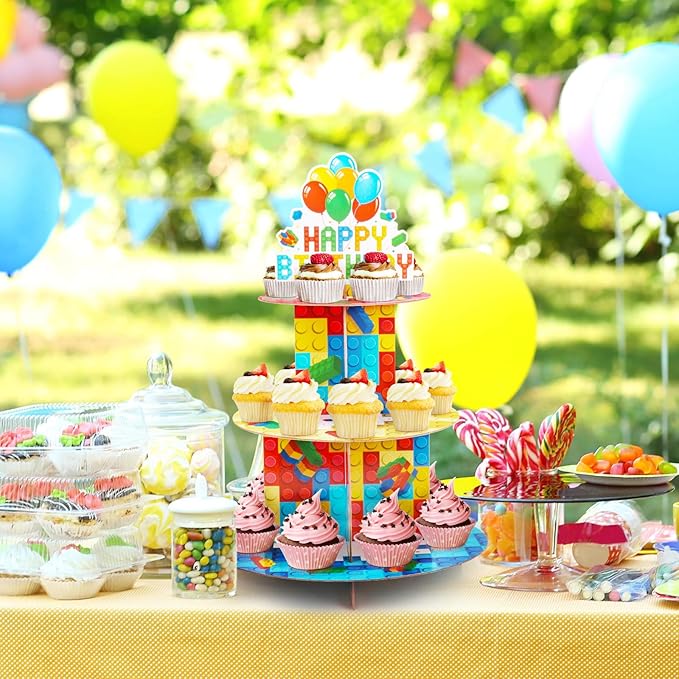 Building Block Cupcake Stand 3 Tier Birthday Party Supplies for Kids Adults Colorful Blocks Construction Cupcake Holder Brick Cake Stand Cardboard Dessert Tower Topper Cake Decorations