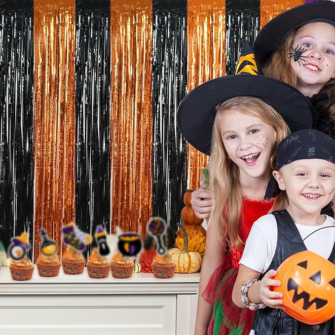 BEISHIDA 4 Pcs Black and Orange Party Streamers Fringe Foil Curtain Backdrop Tinsel Background Halloween Party Decorations for Door Wall Graduation Birthday Anniversary Halloween Party Decoration