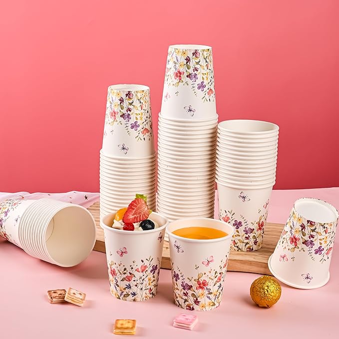 AllReal 100Pcs Wildflower Paper Cups Watercolor Pink Violet Wild Flowers Party Cups 9oz Summer Floral Butterflies Disposable Coffee Cup for Birthday Bridal Baby Shower Party Supplies