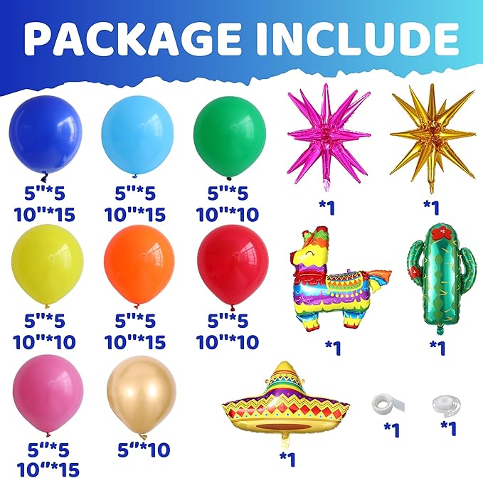 Mexican Fiesta Party Decorations, 144Pcs Cinco De Mayo Rainbow Balloons Arch Garland Kit Cactus Llama Sombrero Explosion Star Foil Balloons for Taco Twosday Carnival Hawaii Tropical Birthday Party