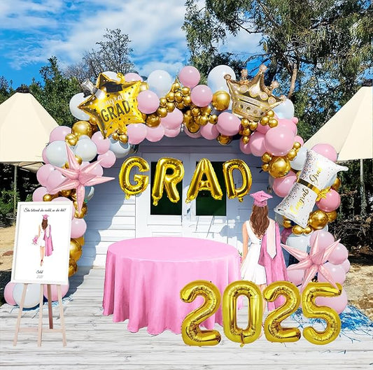 Pink and Gold Themed Graduation Balloon Garland Arch Kit with Large foil Balloons for High School College students graduate class of 2025 Prom Congrats Party Decorations Backdrop (Pink white gold)