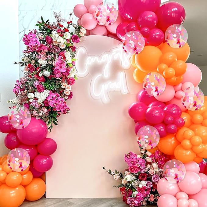 BAUANOOY Pink and Orange Balloons, 60pcs 12 Inch Pink and Orange Party Decorations with Confetti Balloons for Bachelorette Tropical Luau Party Engagement Birthday Party Decorations