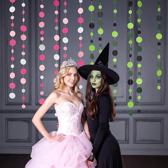 Cheerland Green and Pink Dot Garland Witch Princess Halloween Party Decorations Halloween Hanging Decor Ceiling Birthday Party Supplies Bachelorette Backdrop Decoration Theater Musical Streamers Decor