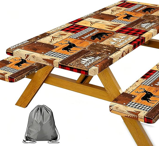JAWO Rustic Cabin Style Picnic Table Cover with Bench Covers, Elastic Fitted Tablecloth, Lumberjack Buffalo Plaid & Bear Deer Adventure Pattern for Camping, Hunting Trips, 96x30 Inch
