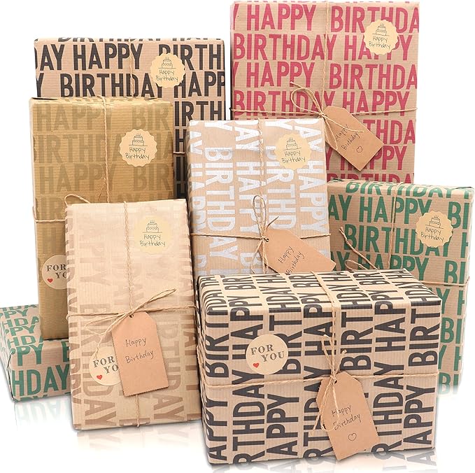 Birthday Wrapping Paper Set, 6 Sheets Kraft Brown Recycled Gift Wrapping Paper with Stickers, Gift Wrapping Paper with Happy Birthday Pattern Design for Kids Girls Women Boys Men Adults, 20×28 inches