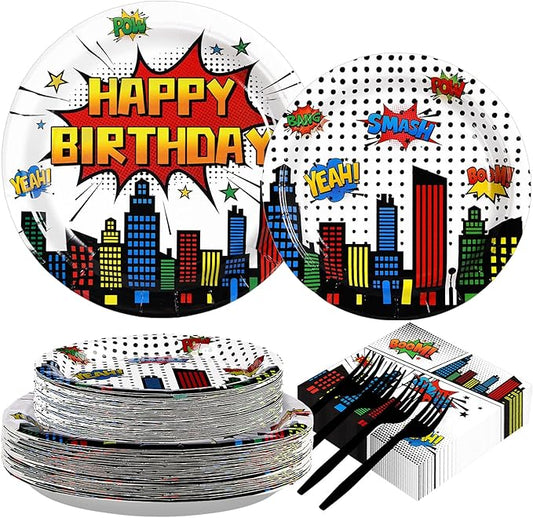 200Pcs Super Theme Hero Party Supplies White Comic Hero Plates and Napkins Hero's Action Sign Cityscape Tableware Sets for Kids Baby Shower Hero Spider themed Party Decorations Favors Serve 24