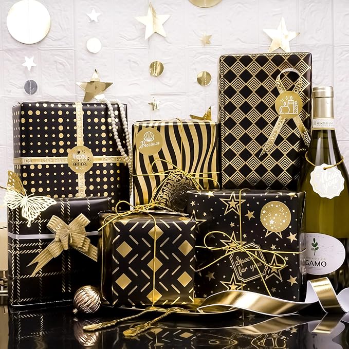 Larcenciel Christmas Gift Wrapping Paper Set, 6 Sheets Metallic Black Gold Foil Wrapping Paper w/Gift Tag & Sticker, Glitter Star Polka Dot Gift Wrap for Birthday Graduation Anniversary,27.5x19.6in